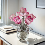 Glass Rose Sculpture Floral Home Decor – Sparkling Leaves Art Figurine for Bedroom, Living Room, Valentine's Day Gift