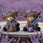 Scottish Highland Cow Figurines with Lavender - Resin Calf Statue Set of 2 for Home Garden Office Decor