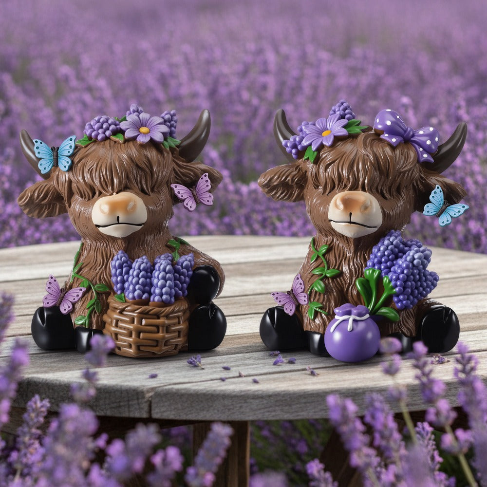 Scottish Highland Cow Figurines with Lavender - Resin Calf Statue Set of 2 for Home Garden Office Decor