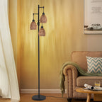 Boho Rattan Floor Lamp Dimmable, 3-Light Stepless Dimming Standing Lamp with Natural Rattan Shade & Metal Base for Living Room