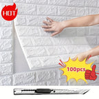 3D Foam Brick Wall Stickers 100pcs Self Adhesive Waterproof Peel and Stick Wallpaper Panels for Bedroom Living Room Bathroom Kitchen Home Decor White