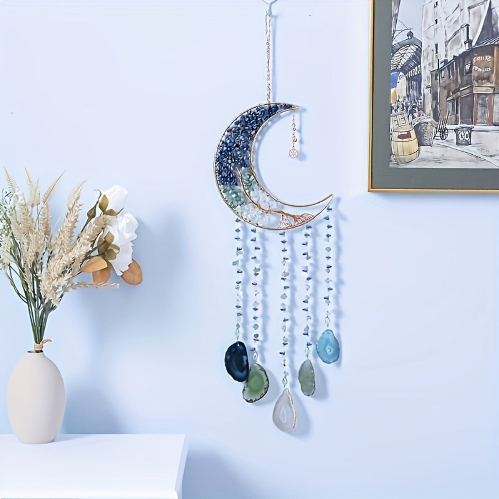 Dreamcatcher Moon Suncatcher Wall Hanging, Handmade Boho Wind Chime Pendant for Indoor Outdoor Garden
