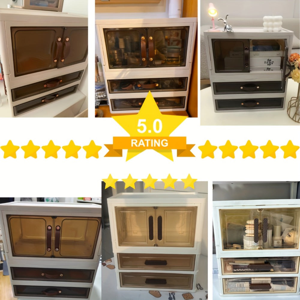 Modular Makeup Storage Cabinet with One or Two Doors, Two Transparent Drawers and White-Gold Trim