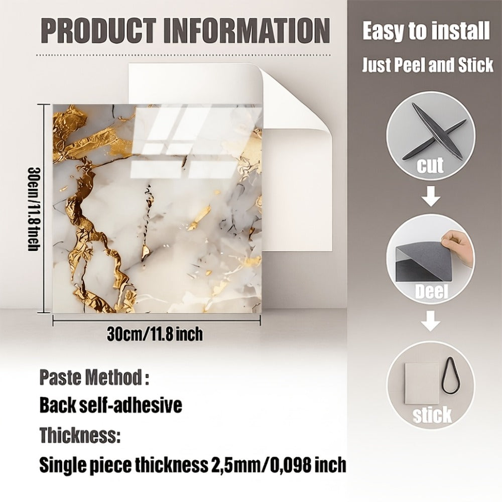 Marble Gold-Vein Wall Tile Sticker Set with 30 cm Panels, Four Colors and 50- or 100-Piece Packs