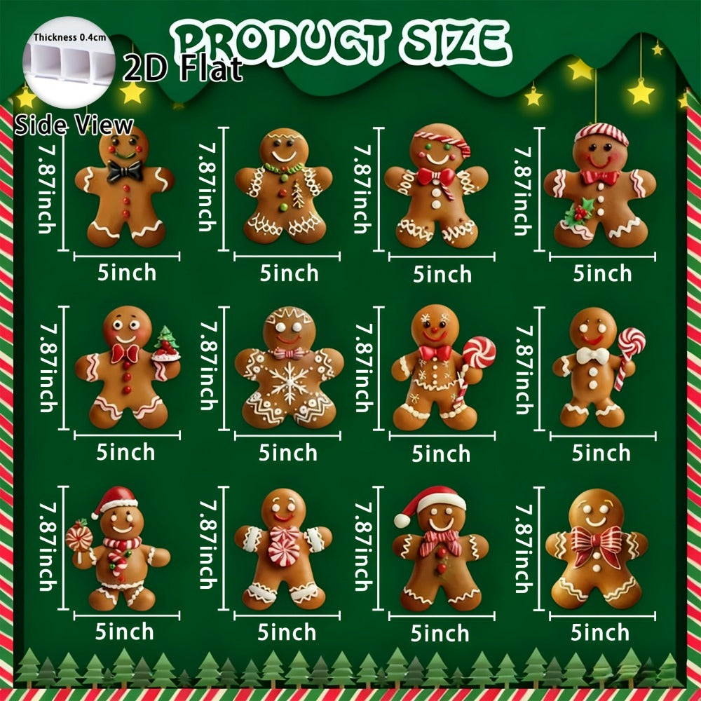 Christmas Tree Ornaments 12pcs Gingerbread Man Decorations 2D Flat Funny Xmas Tree Hanging Decor with Loops