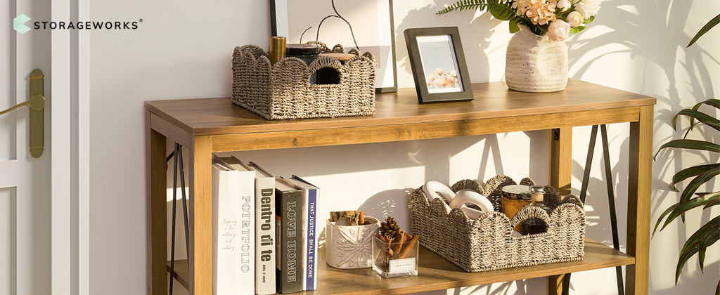 Scalloped Wicker Storage Baskets Set of 2 with Handles in Water Hyacinth or Seagrass Weave