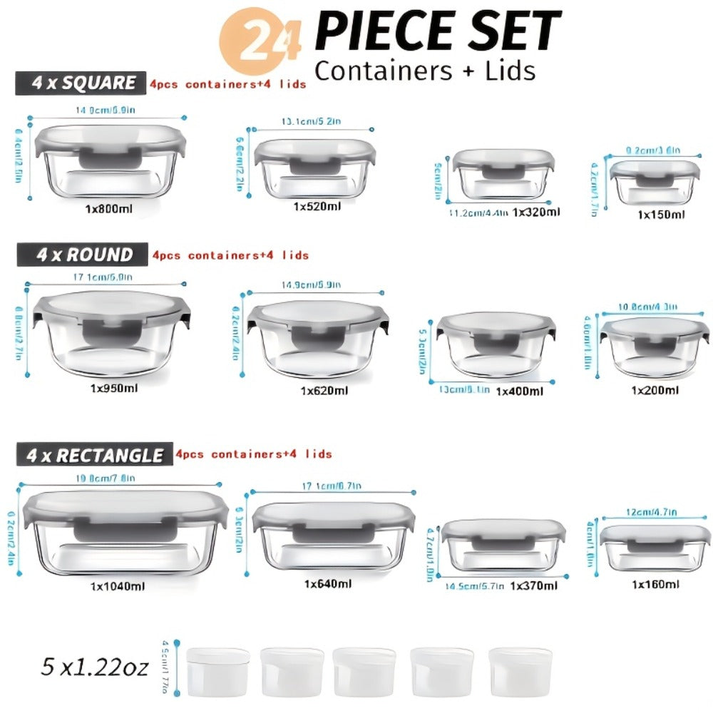 Food Storage Containers 24-Piece Gray Glass Set with 12 Boxes, 12 Matching Lids and Flip-Top Seals