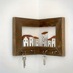 Wall Mounted Key Rack with Hooks - Rustic Wooden Key Holder with 6 House Hooks, Entryway Storage Organizer for Home Bedroom Wall Decor