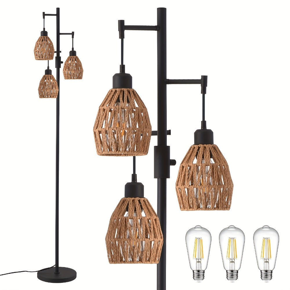 Boho Rattan Floor Lamp Dimmable, 3-Light Stepless Dimming Standing Lamp with Natural Rattan Shade & Metal Base for Living Room