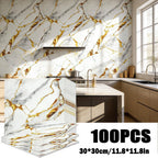 Marble Gold-Vein Wall Tile Sticker Set with 30 cm Panels, Four Colors and 50- or 100-Piece Packs