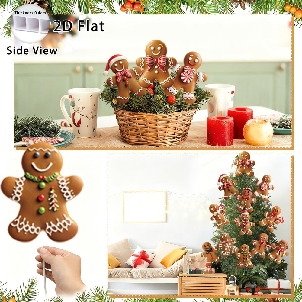Christmas Tree Ornaments 12pcs Gingerbread Man Decorations 2D Flat Funny Xmas Tree Hanging Decor with Loops