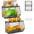 Wall-Mounted Fruit Basket with Wooden Cover - 2-Tier Metal Kitchen Storage Basket with Hooks, Stackable Hanging Organizer for Potatoes Onions Vegetables