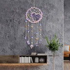 Boho Crystal Wall Hanging Decor – Handmade Stone Bead Wind Chime with Colorful Gemstone Heart & Circular Crystal Pendant for Bedroom Living Room Christmas Mother's Day Thanksgiving Gift (Purple/Pink/Green)