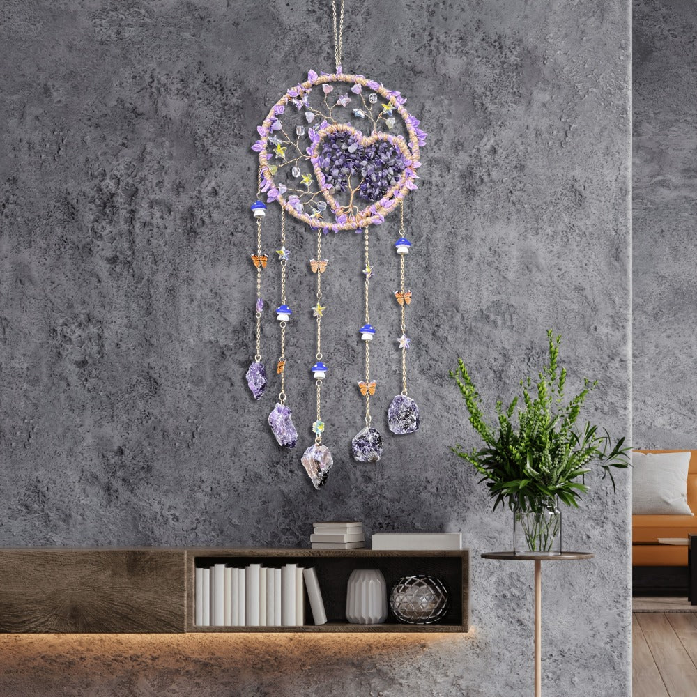 Boho Crystal Wall Hanging Decor – Handmade Stone Bead Wind Chime with Colorful Gemstone Heart & Circular Crystal Pendant for Bedroom Living Room Christmas Mother's Day Thanksgiving Gift (Purple/Pink/Green)