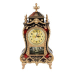 Ornate Brown-Red Tabletop Alarm Clock with Analog Dial, Decorative Pendulum Window and 14-Inch Height