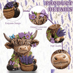 Scottish Highland Cow Figurines with Lavender - Resin Calf Statue Set of 2 for Home Garden Office Decor