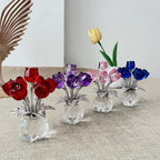 Glass Rose Sculpture Floral Home Decor – Sparkling Leaves Art Figurine for Bedroom, Living Room, Valentine's Day Gift