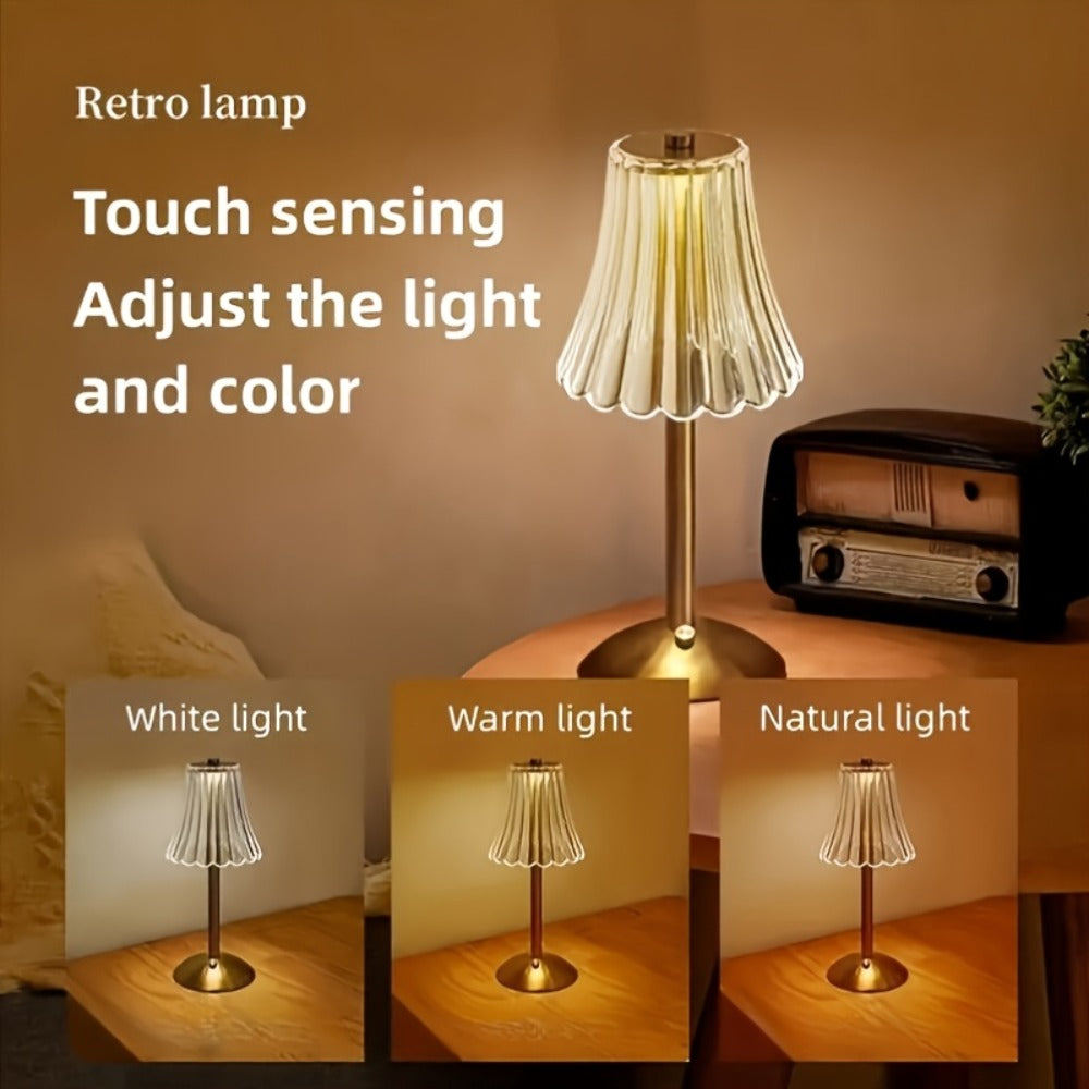 Table Lamp with Vintage Gold Pleated Acrylic Shade, USB Rechargeable Power, Three Colors and One or Two-Pack Options