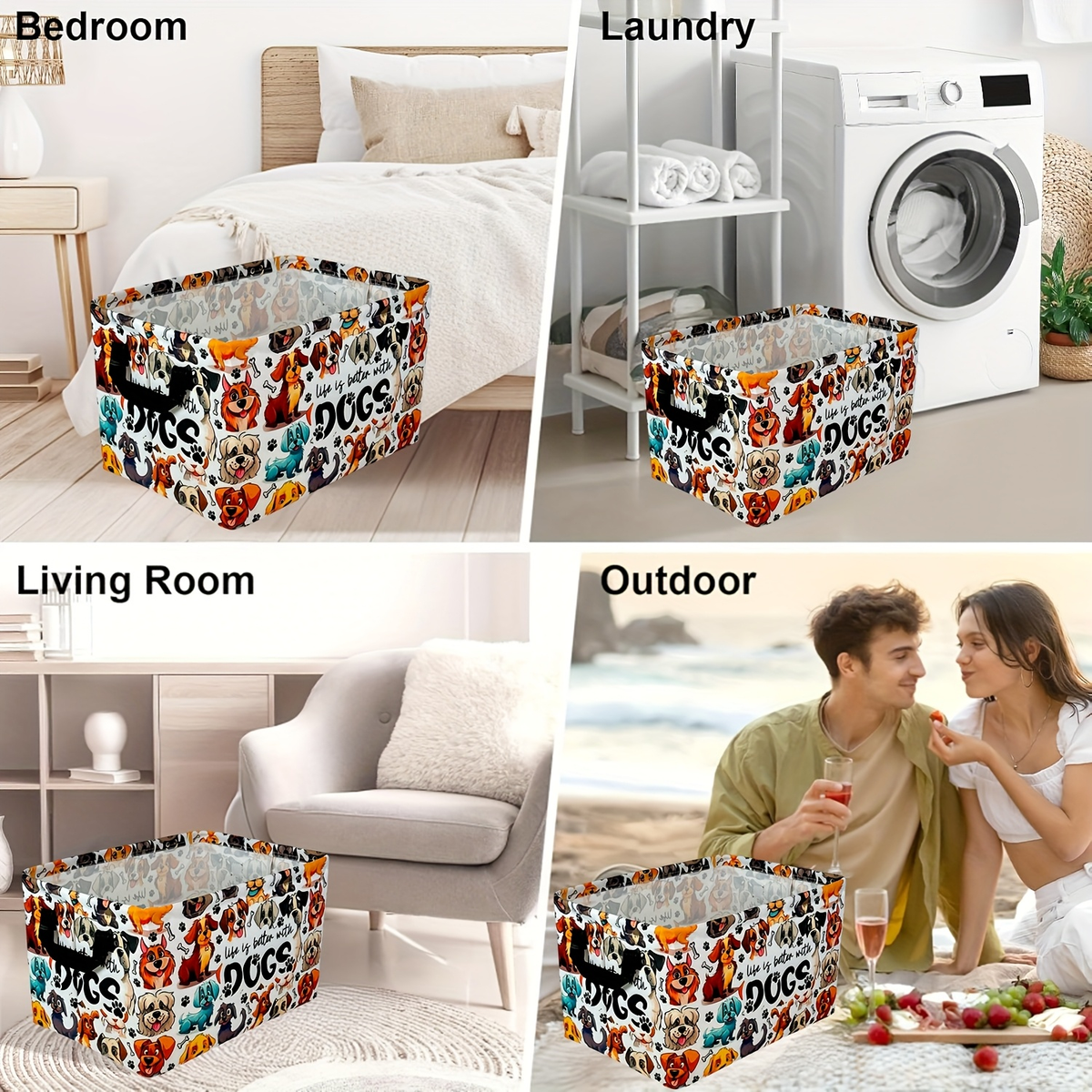 Soft Open-Top Printed Storage Bin with Side Handles and Cat, Dog, Pumpkin, Duck or Dachshund Designs