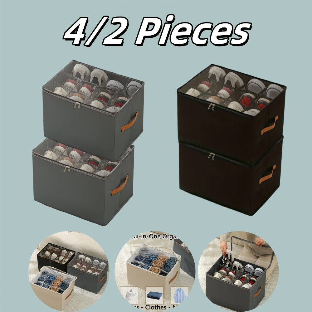 Oxford Fabric Shoe Storage Organizers with Adjustable Dividers and Clear Lids in Two- or Four-Piece Packs