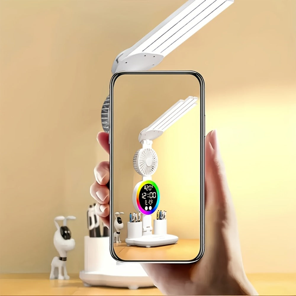 LED Desk Lamp with Built-in Fan & Touch Control, Dual Head Adjustable, USB Charging, 3 Color Modes Dimmable