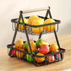 Freestanding Tiered Metal Wire Storage Basket with Wood-Tone Top Handle in Two- or Three-Tier Options