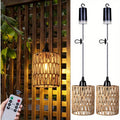 Battery Operated Pendant Light Rattan Boho Chandelier Hanging Light Warm White Bulb Wireless No-Wiring for Gazebo Pergola Porch Patio Outdoor Indoor Decor Set of 2
