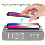 Wireless Charging Alarm Clock with Black or Silver-Tone Housing, Digital Time Display and Top Charging Surface