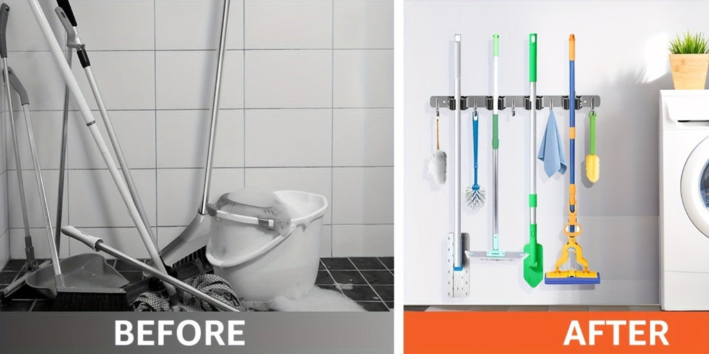 Wall Mounted Broom & Mop Holder – 304 Stainless Steel Broom Organizer with 4 Racks & 5 Hooks – Rustproof Non-Slip Wall Broom Hanger for Kitchen, Garage, Bathroom, Laundry & Closet Storage – 2 Pack