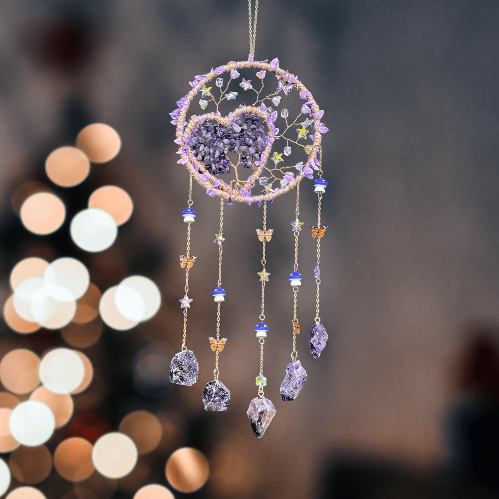 Boho Crystal Wall Hanging Decor – Handmade Stone Bead Wind Chime with Colorful Gemstone Heart & Circular Crystal Pendant for Bedroom Living Room Christmas Mother's Day Thanksgiving Gift (Purple/Pink/Green)