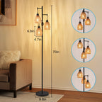 Boho Rattan Floor Lamp Dimmable, 3-Light Stepless Dimming Standing Lamp with Natural Rattan Shade & Metal Base for Living Room