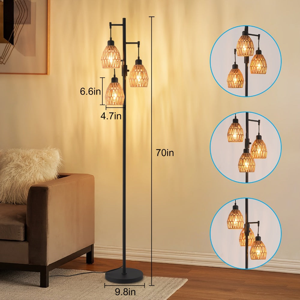 Boho Rattan Floor Lamp Dimmable, 3-Light Stepless Dimming Standing Lamp with Natural Rattan Shade & Metal Base for Living Room