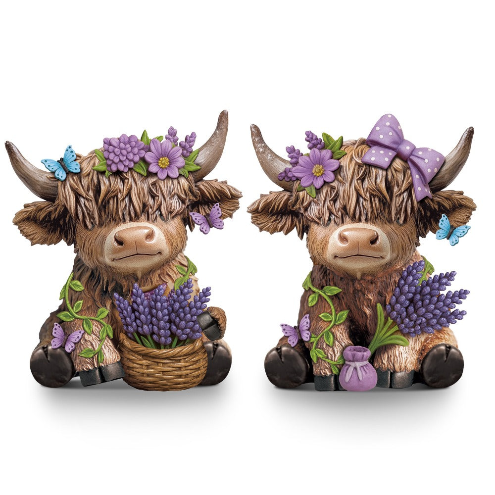 Scottish Highland Cow Figurines with Lavender - Resin Calf Statue Set of 2 for Home Garden Office Decor
