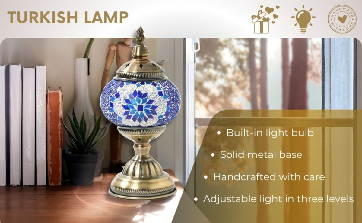 Table Lamp with Mosaic Glass Globe, Metal Base, Seven Color or Pack Options and Three White-Light Modes