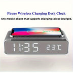 Wireless Charging Alarm Clock with Black or Silver-Tone Housing, Digital Time Display and Top Charging Surface