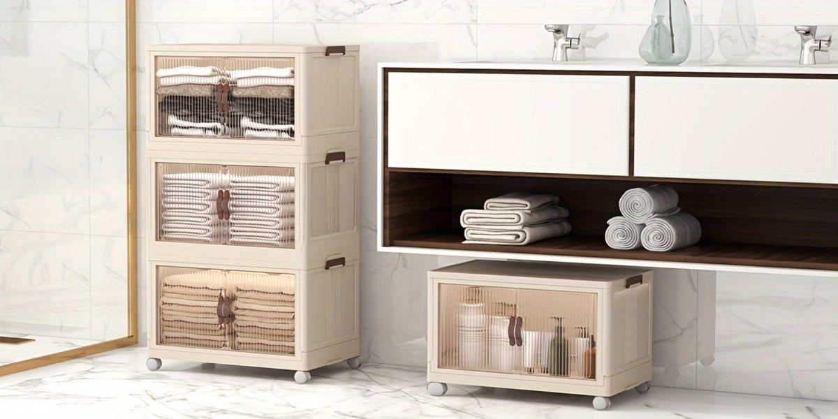 Storage Cabinet 49cm Foldable Rolling Organizer with Translucent Doors and Two to Five Layers
