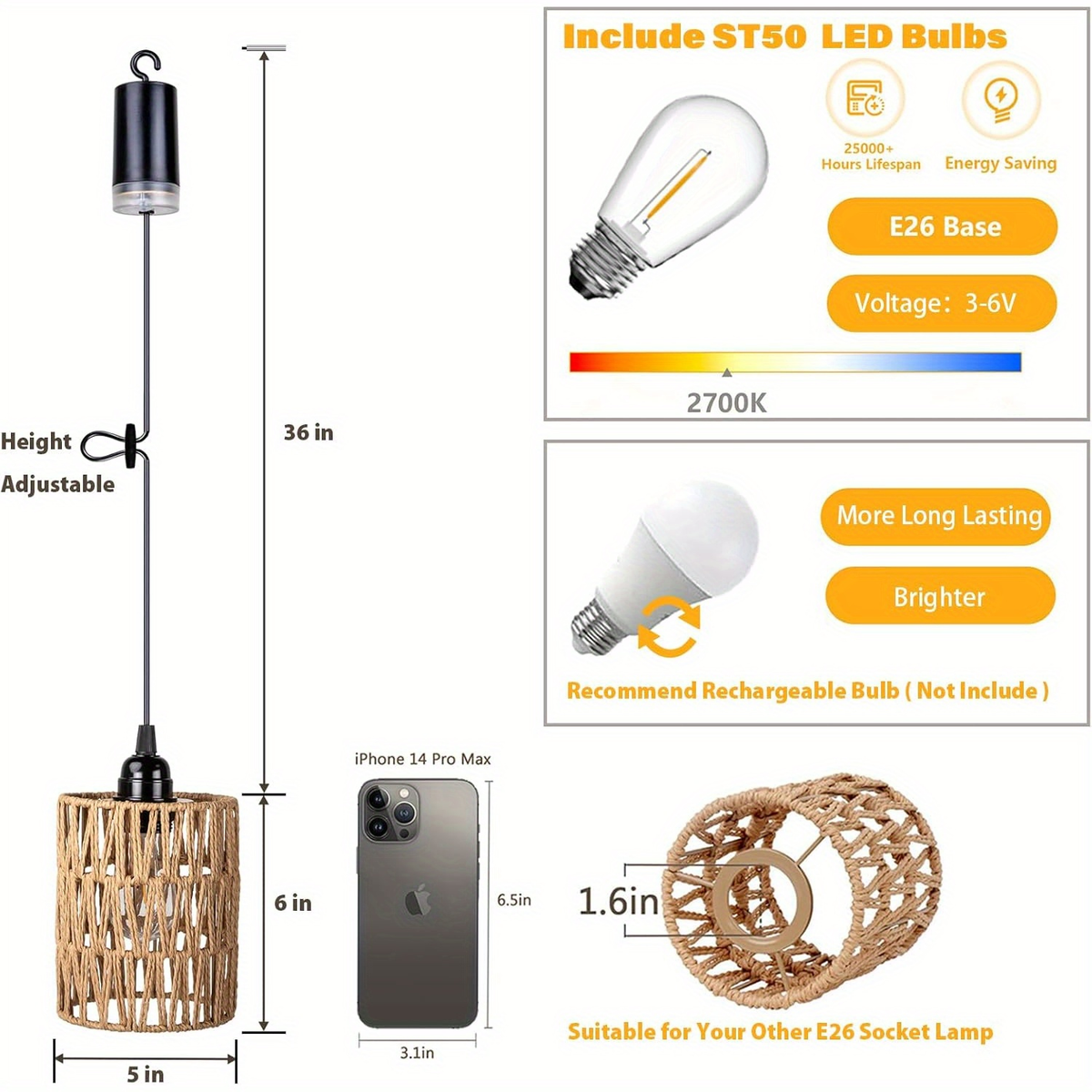 Battery Operated Pendant Light Rattan Boho Chandelier Hanging Light Warm White Bulb Wireless No-Wiring for Gazebo Pergola Porch Patio Outdoor Indoor Decor Set of 2