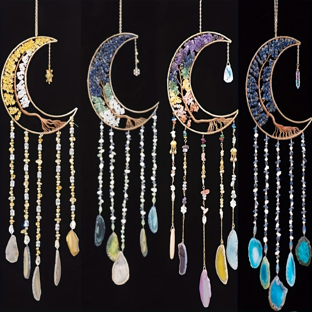 Dreamcatcher Moon Suncatcher Wall Hanging, Handmade Boho Wind Chime Pendant for Indoor Outdoor Garden