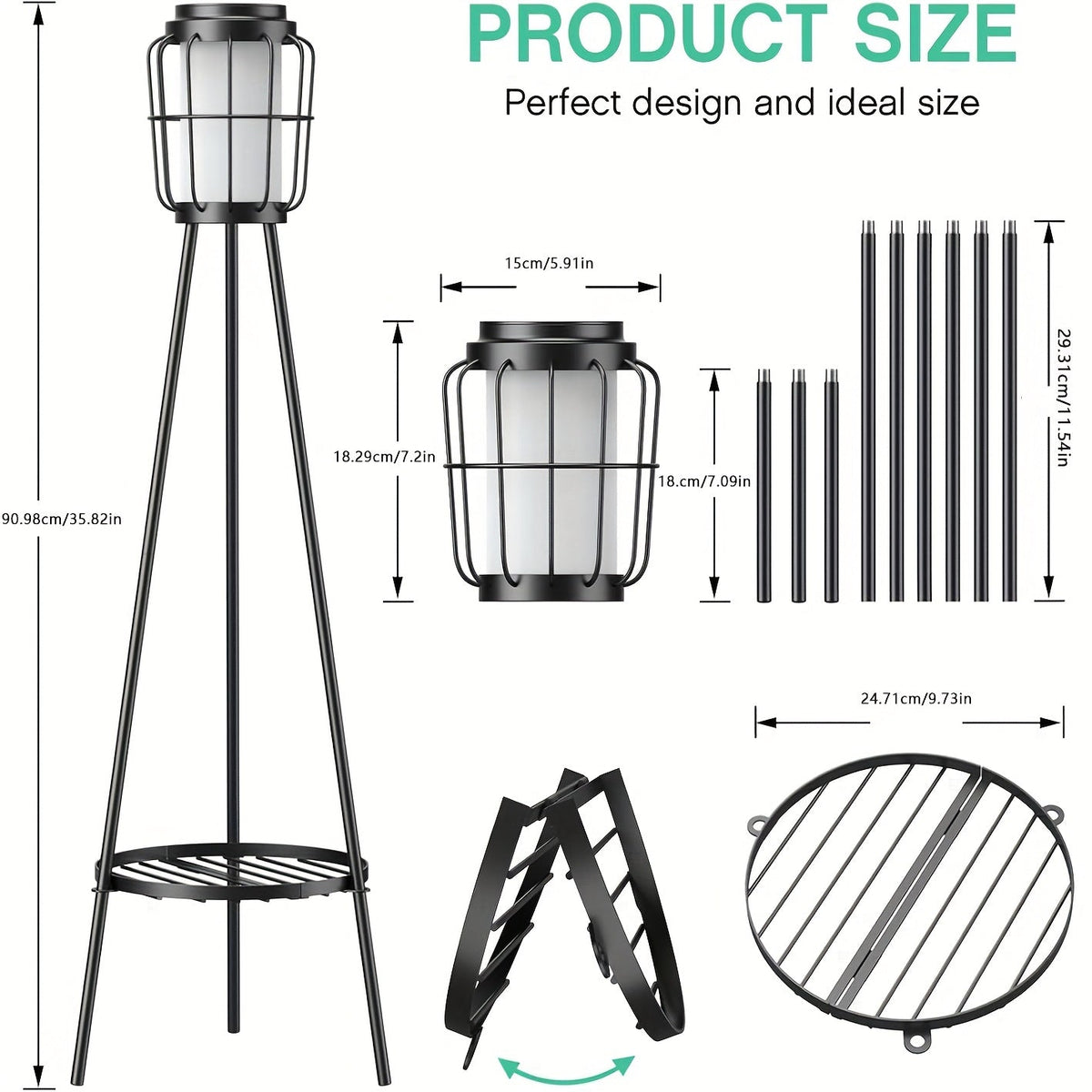 Solar Floor Lamp with Metal Plant Stand 36 Inch Outdoor Solar Light Flower Shelf for Patio Deck Yard Garden Outdoor Decor Gift Set of 2