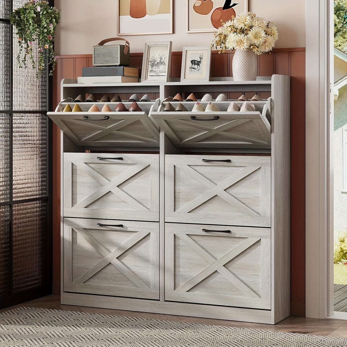Shoe Cabinet, Furn Mivo Multi-Finish Flip-Front Entryway Organizer with Metal Pull Handles