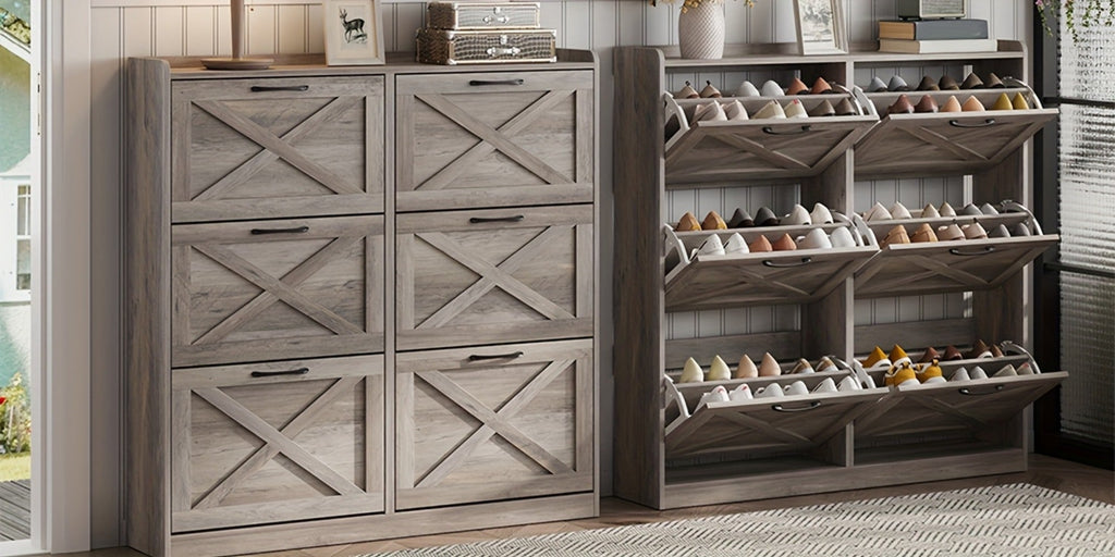 Shoe Cabinet, Furn Mivo Multi-Finish Flip-Front Entryway Organizer with Metal Pull Handles