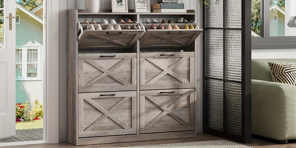 Shoe Cabinet, Furn Mivo Multi-Finish Flip-Front Entryway Organizer with Metal Pull Handles