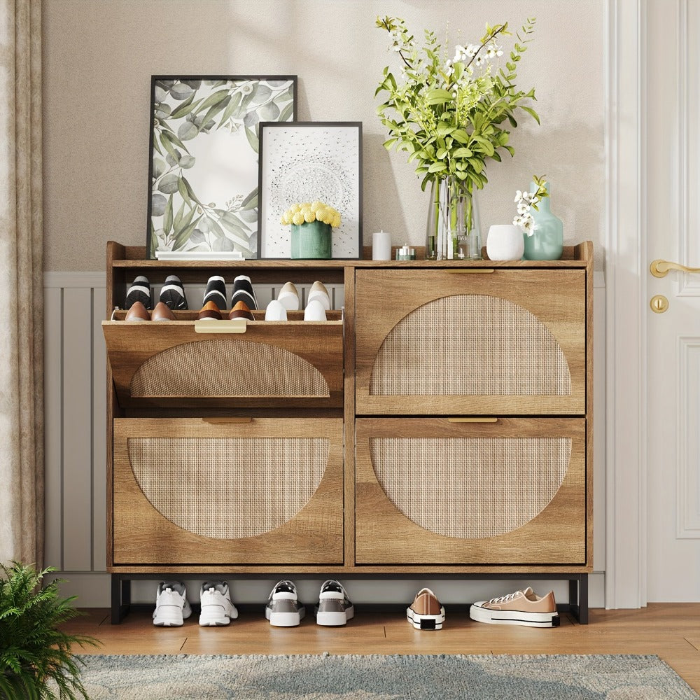 Shoe Cabinet, Furn Mivo Rattan-Front Entryway Organizer with 2- and 3-Drawer Source Options