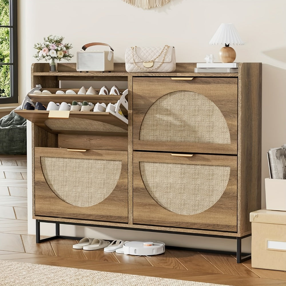 Shoe Cabinet, Furn Mivo Rattan-Front Entryway Organizer with 2- and 3-Drawer Source Options