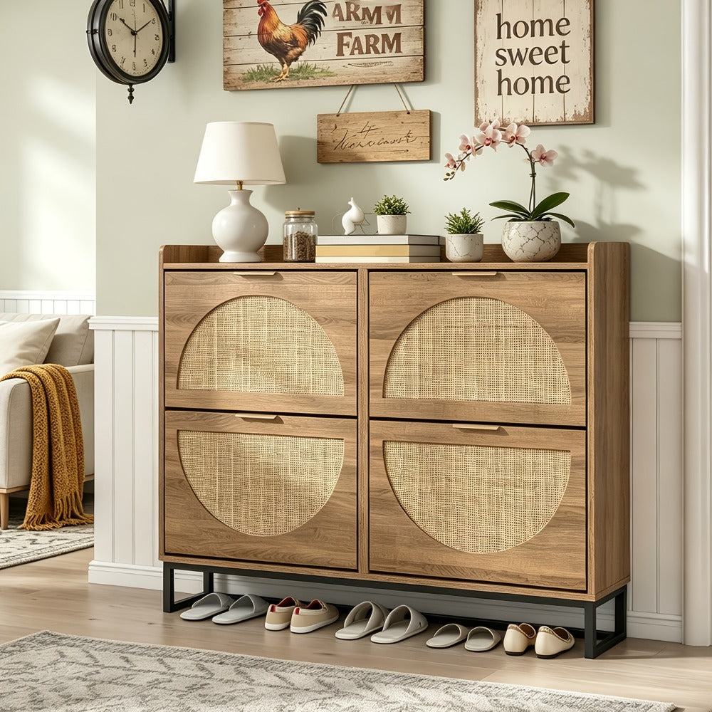 Shoe Cabinet, Furn Mivo Rattan-Front Entryway Organizer with 2- and 3-Drawer Source Options
