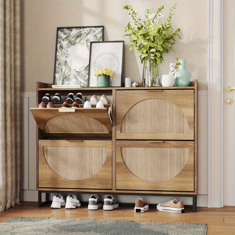 Shoe Cabinet, Furn Mivo Rattan-Front Entryway Organizer with 2- and 3-Drawer Source Options