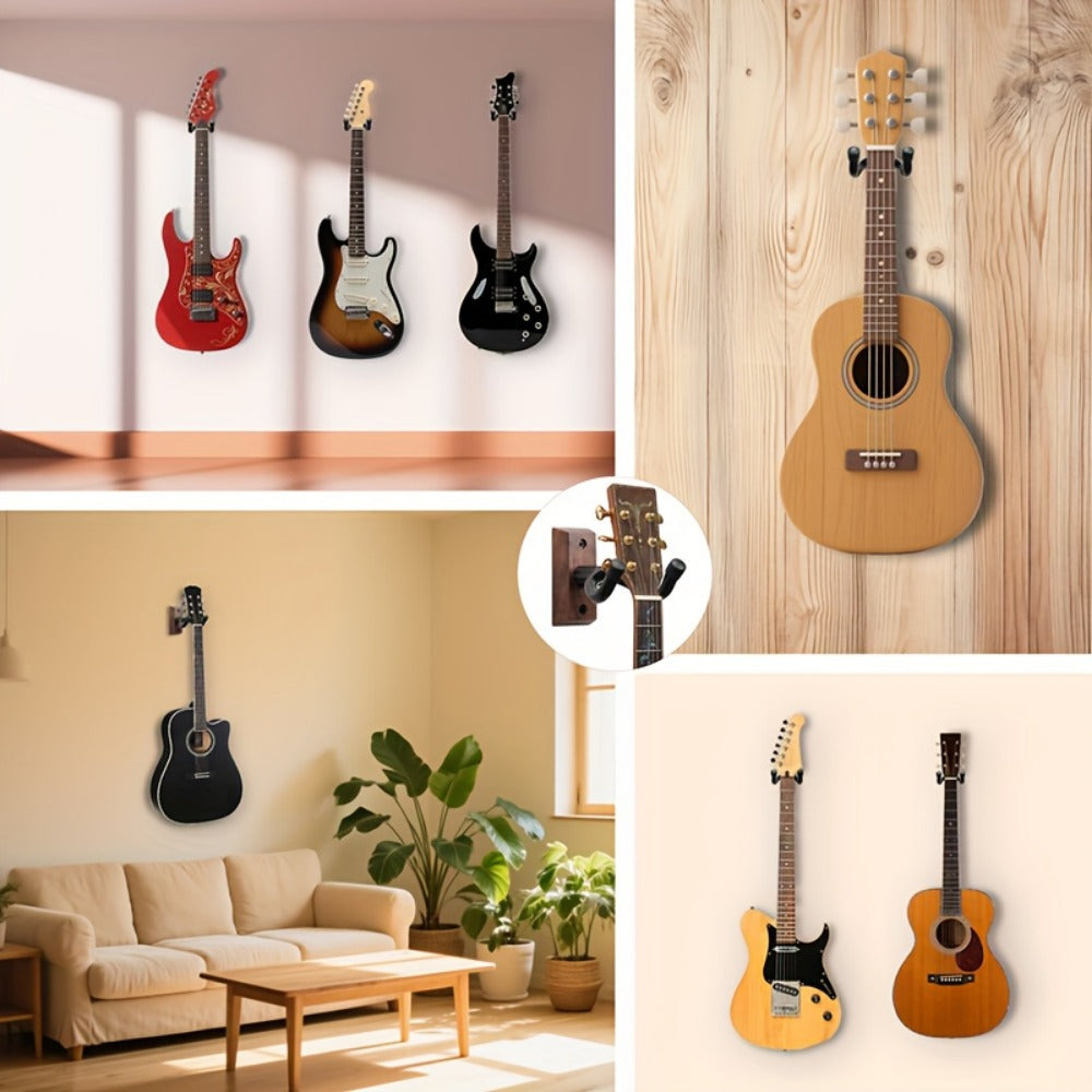 Guitar Stand Wall Mount Set with Wood Bases, Padded U-Shaped Hooks, Hardware and 2, 3 or 4-Piece Options