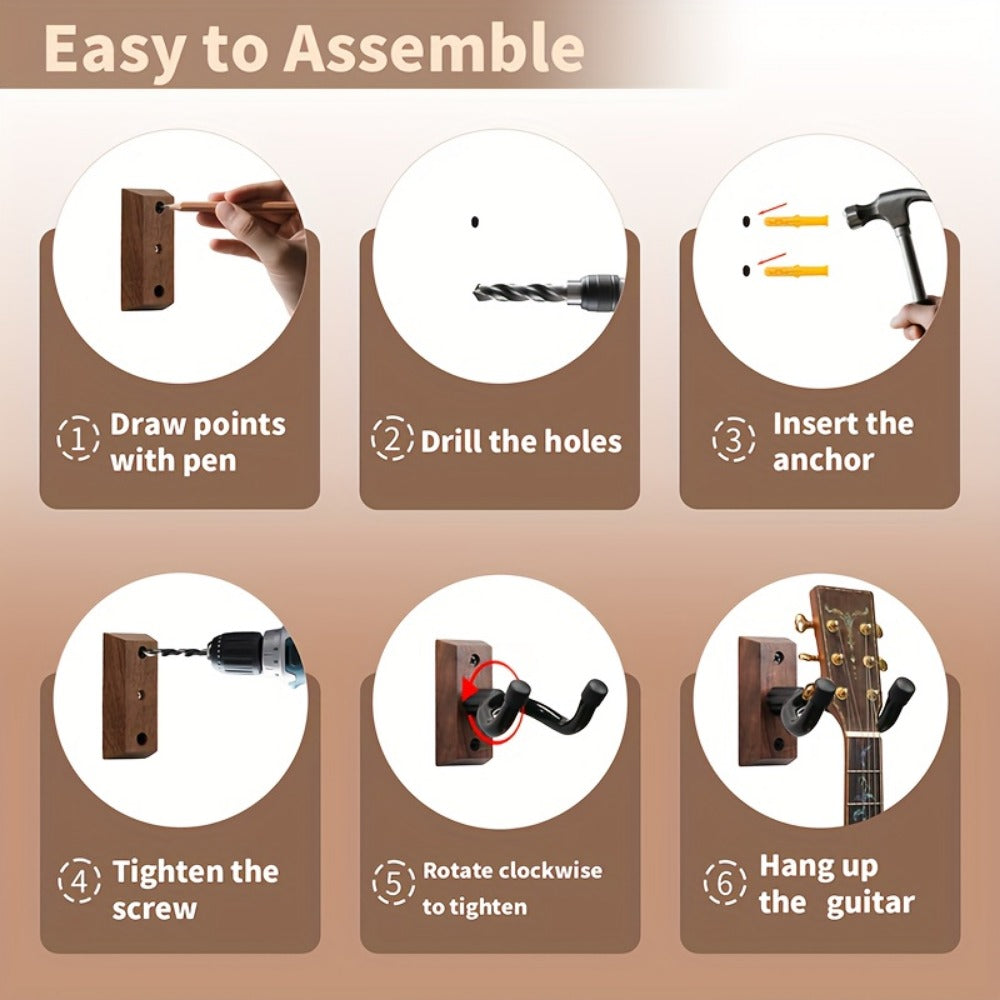 Guitar Stand Wall Mount Set with Wood Bases, Padded U-Shaped Hooks, Hardware and 2, 3 or 4-Piece Options