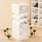 Foldable Clear-Front Shoe Box Tower with Flip Doors in Three-, Five- or Six-Layer Configurations
