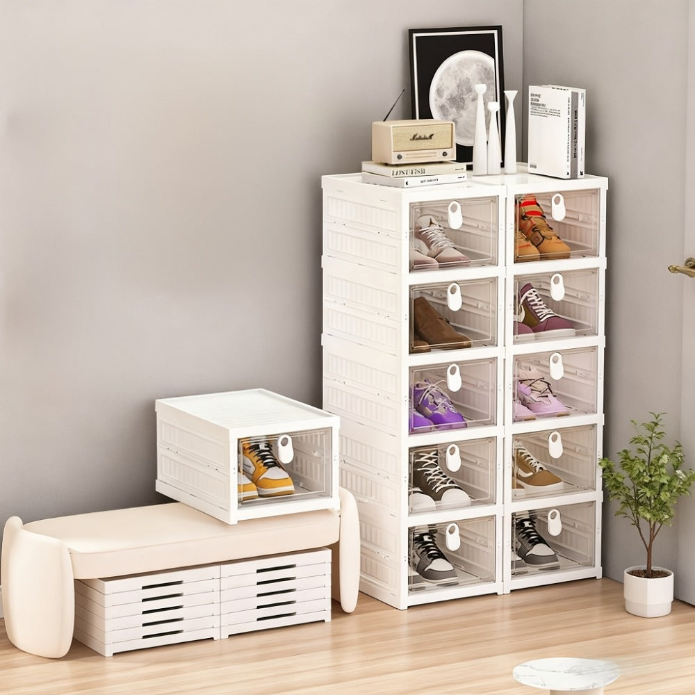 Foldable Clear-Front Shoe Box Tower with Flip Doors in Three-, Five- or Six-Layer Configurations
